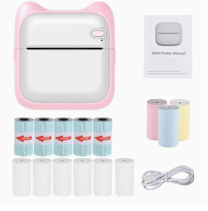 Mini Photo Printer 203dpi connection for picture labels Manual list Meno Notes Diary Receipt paper stickers with 5 rolls sticky thermal paper and 9 rolls non-sticky thermal paper