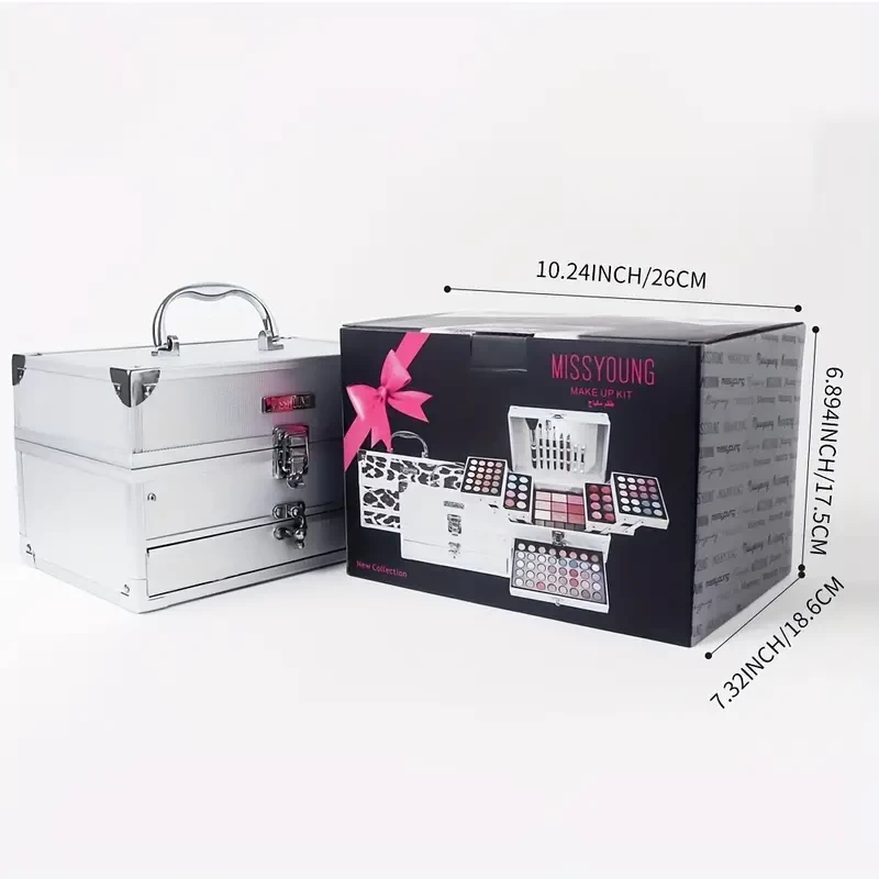 Full Range All-in-One Makeup Kit with Brush Tools - Includes Eyeshadow, Highlight, Blush, Lipstick, and Eyeliner - Perfect for On-the-Go Beauty