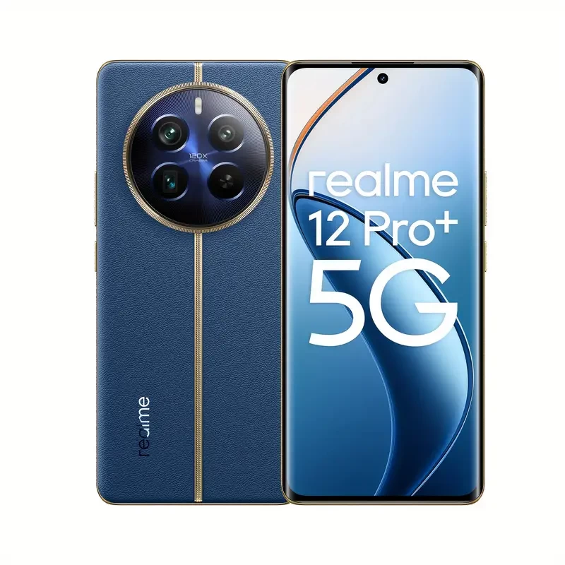 A Realme 12 Pro+ unlocked 5G smartphone with 12GB RAM, 512GB storage, Android 14, Snapdragon 7s Gen 2 processor, 6.67-inch FHD+ 120Hz curved screen, IMX890 OIS quad-camera, Facial recognition, USB Typ