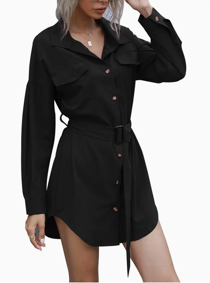 A women's casual long sleeve shirt with lapel in solid color with belt details - a polyester woven V-neck T-shirt for all seasons with a button-down waist closure design