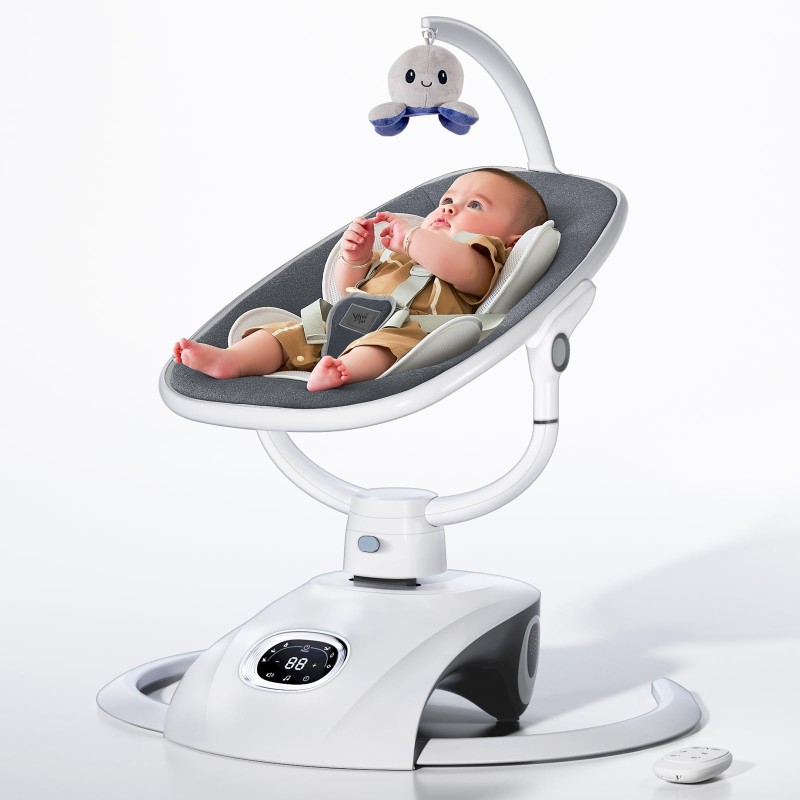Electric Baby Swing for Infants, 6 Motion Swings Baby Rocker with Remote, Portable Baby Bouncer for Newborn with 5 Speed, 14 Preset Lullabies, Light Grey