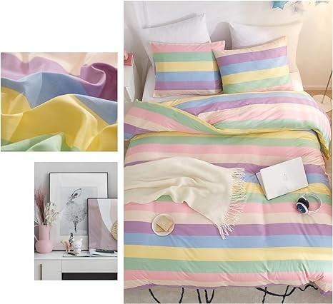 AOJIM Cartoon Duvet Cover Rainbow Pure Cotton Cute Bedding Set 3pcs Colorful Stripes Comforter Cover Queen Size for Girls Women (no Comforter)