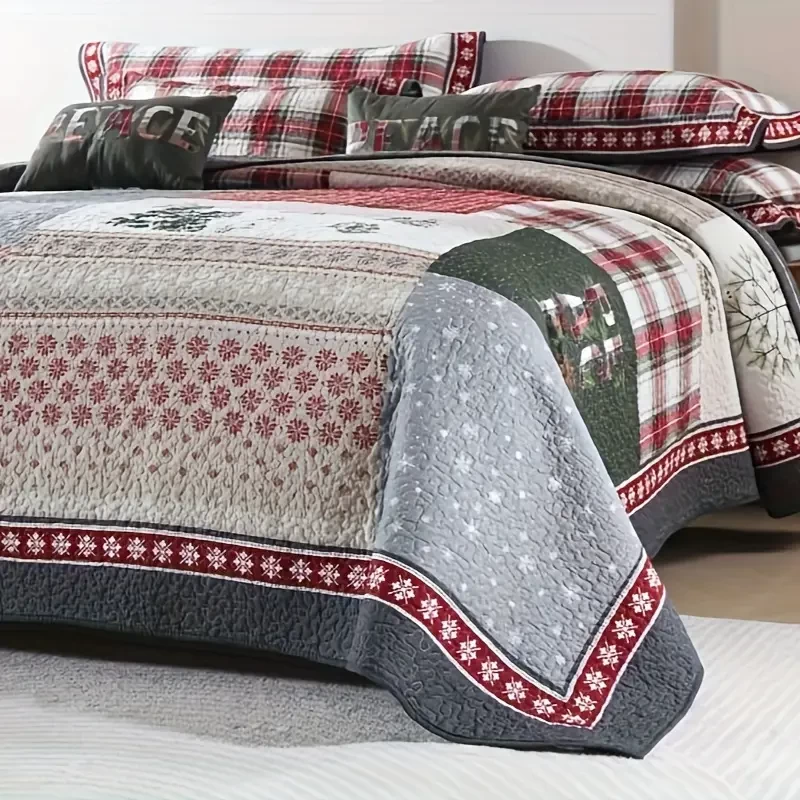 3pcs/set Farm Plaid Moose Pattern Cotton Bedspread Set (1*Bedspread + 2*Pillowcase Without Filler), Soft Breathable And Comfortable Bedding Set For Bedroom Dorm Room Decor Christmas Gift New Year Gift