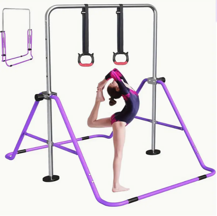 Children's gymnastics pole with ring, gymnastics horizontal bar with adjustable height, folding training monkey pole for family use