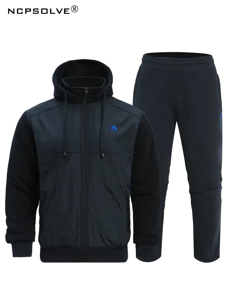 Classic Men's Warm Athletic 2Pcs Tracksuit Set Casual Full-Zip Sweatsuits Long Sleeve Hoodie And Jogging Pants Set For Gym Workout Running For Winter Fall
