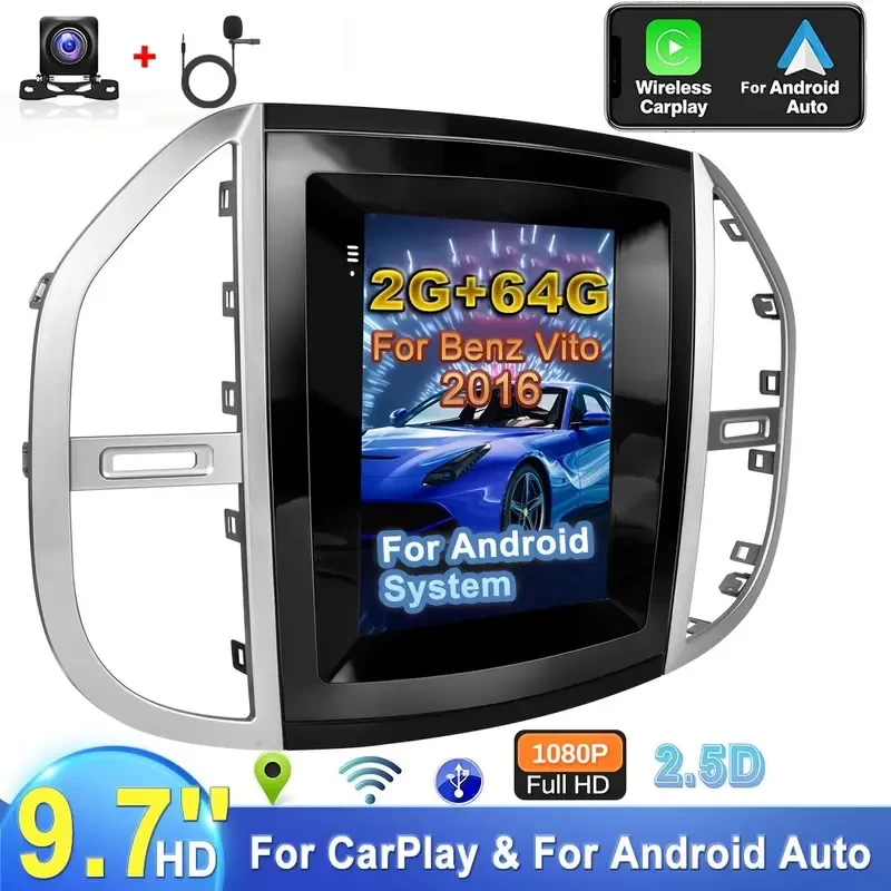 9.7'' For Benz Vito 2016 For Android System 2+64G 2Din Car Stereo Radio 2.5D Screen GPS WIFI HiFi For Carplay For Android Auto With AHD Camera & MIC