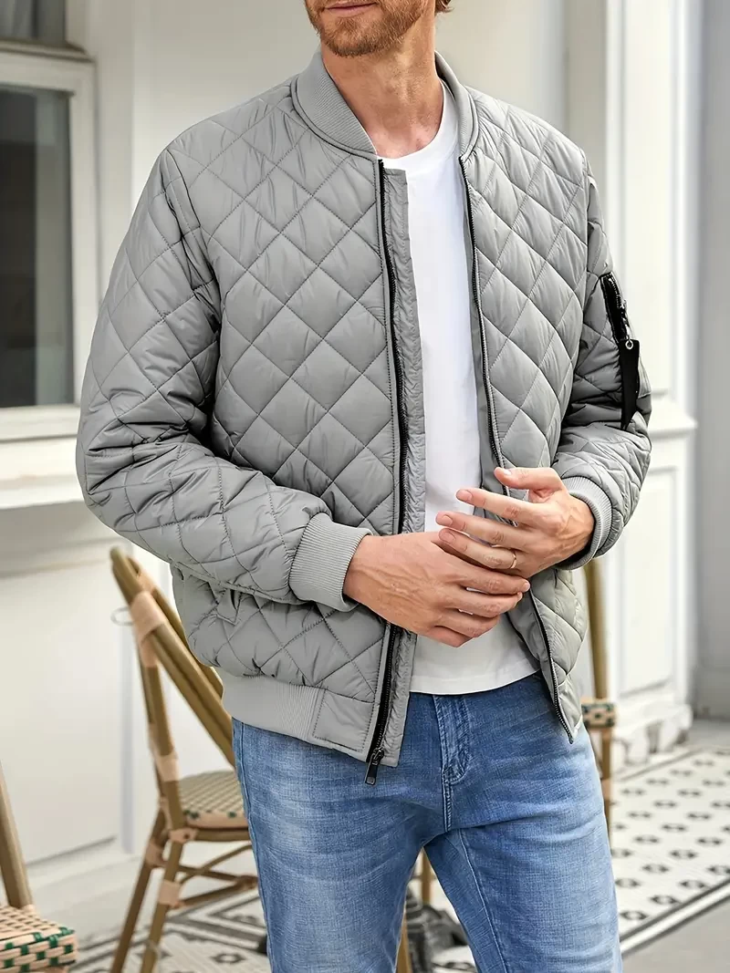 Men's Casual Winter Quilted Jacket, Warm Stand Collar Rhombic Pattern Zip Up Bomber Jacket Coat