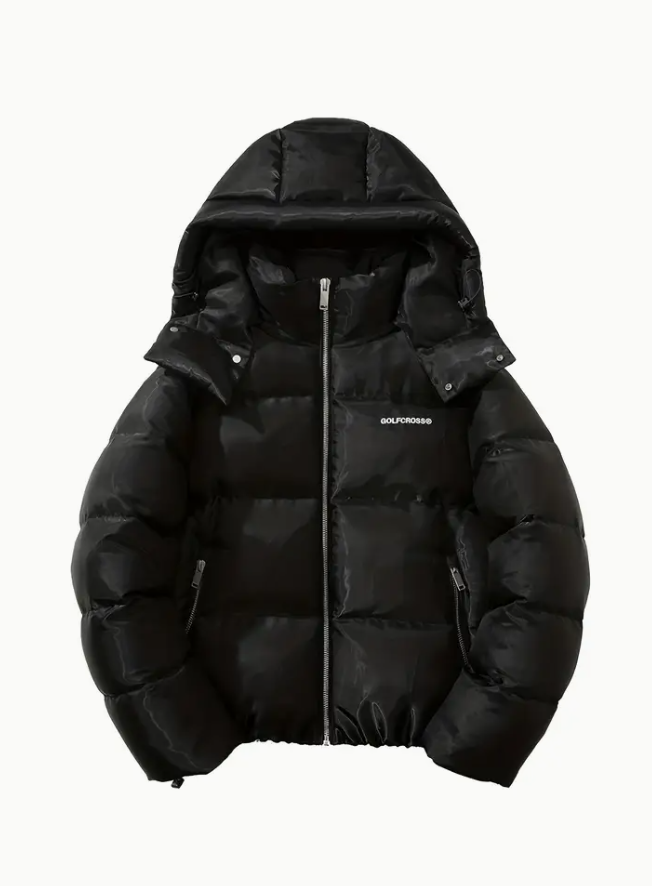 GOLFCROSS Thick warm Down coat - black nylon polyester blend, hooded winter coat, zipper closed, long sleeves, loose fit, suitable for casual everyday wear, warm everyday coat | fashionable hooded jac