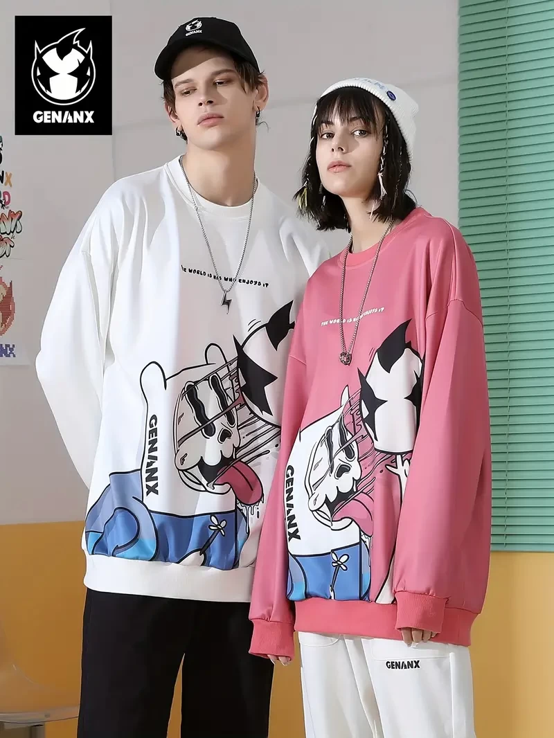 GENANX Men's Stylish Print Sweatshirt, Casual Slightly Stretch Breathable Loose Fit Pullover For Outdoor