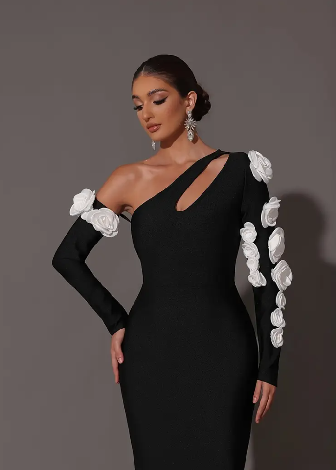 Elegant pink off-the-shoulder Camellia cut-out slim-fit one-piece dress - long sleeves, elastic polyester bandage design, suitable for fall/winter
