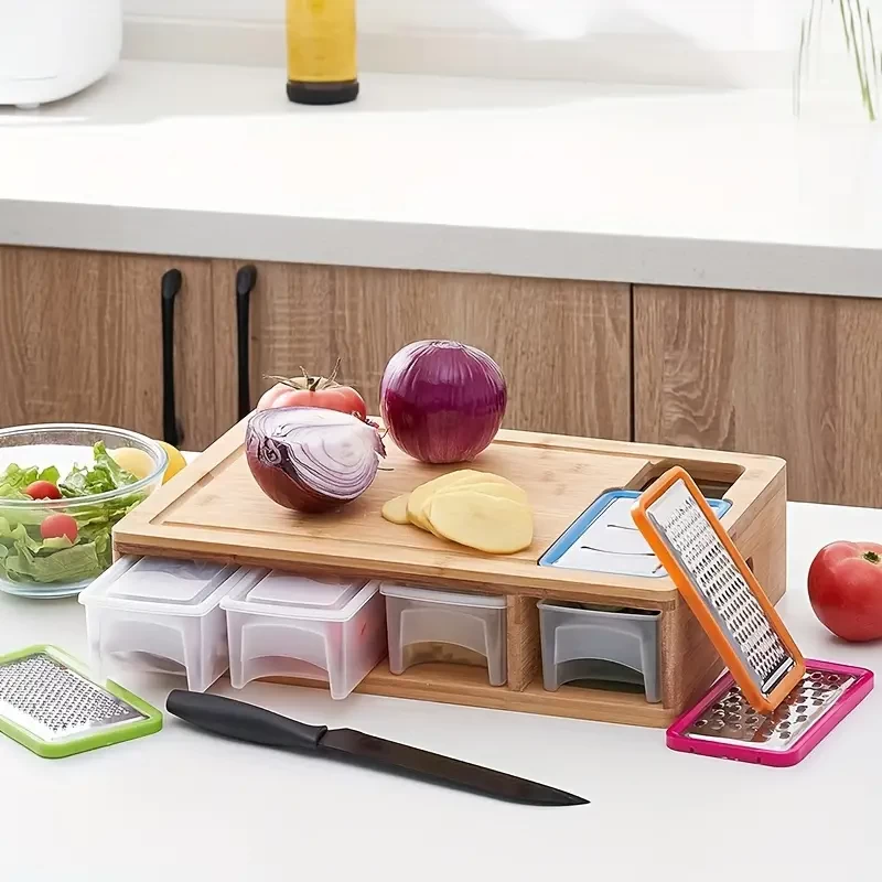1pc, Bamboo Cutting Board With Containers, And Graters, Large Chopping Board With Containers, Carving Board With Juice Groove, Chopping Board With Food Storage Box, Kitchen Stuf