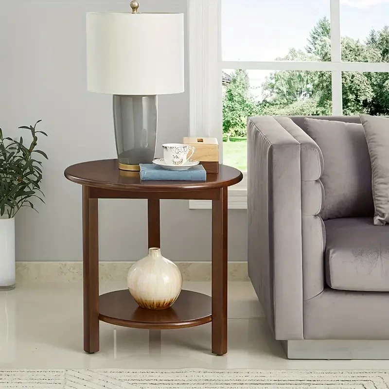 1pc, Solid Wood Round Table With Storage Space, Double-layer Round Side Table, Living Room Sofa Side Table, Small Coffee Table, Side Table, Household Furniture