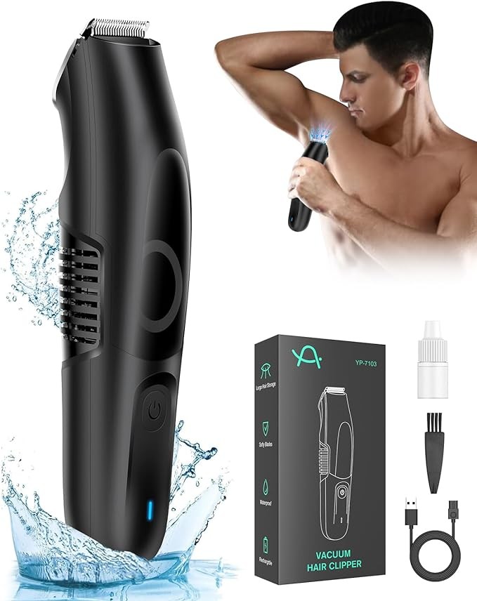 ASAHINA Body Hair Trimmer for Men, Electric Vacuum Hair Suction Trimmer, Waterproof Hair Clippers Wet/Dry Use, Rechargeable Pubic Hair Ball Groomer, Groin Hair Hygiene Razor, Chest Hair Trimmer