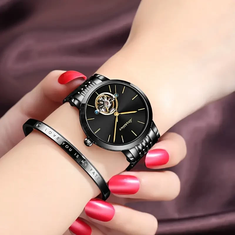 1pc Girls Stainless Steel Leisure Elegant Hollow Mechanical Watch