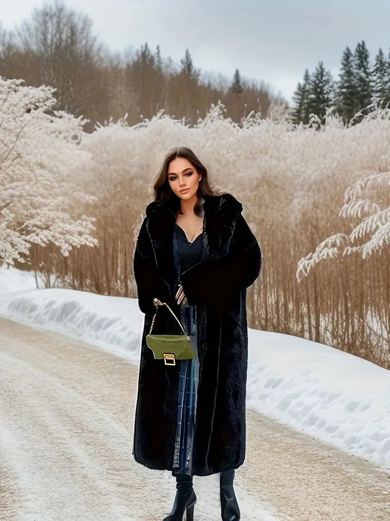 Open Front Fuzzy Coat, Casual Thermal Long Sleeve Midi Length Coat For Winter, Women's Clothing