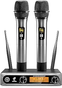 TONOR Wireless Microphone,Metal Dual Professional UHF Cordless Dynamic Mic Handheld Microphone System for Home Karaoke, Meeting, Party, Church, DJ, Wedding, Home KTV Set, 200ft(TW-820)