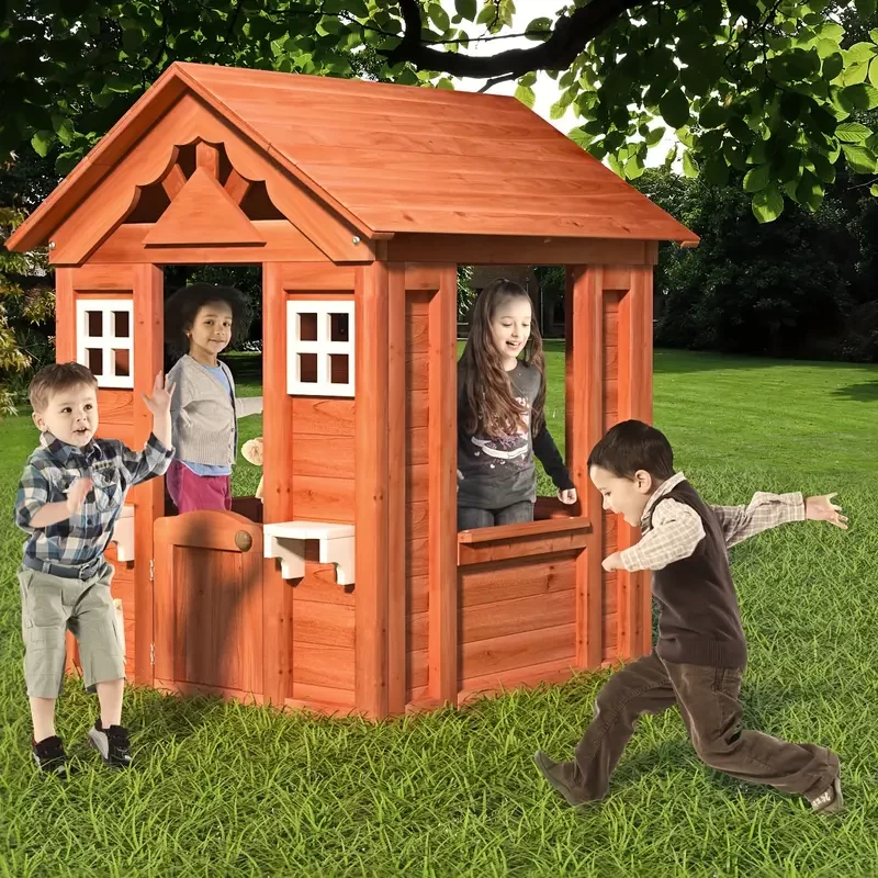 Kids Outdoor Wooden Playhouse With 2 Windows And Flowerpot Holder