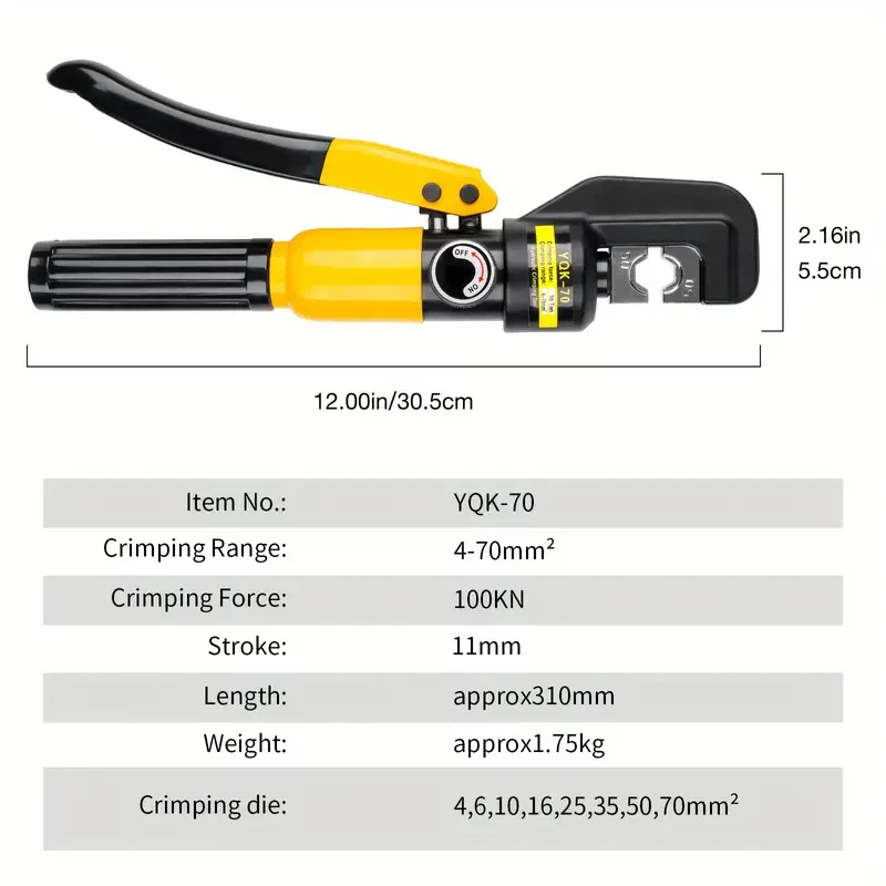 1 Set YQK-70 Yellow Manual Hydraulic Pliers Kit With 4/6/10/16/25/35/50/70mm² Hexagonal Crimping Mold, Plastic Tool Box YQK-70 Adjustable Oil Return Valve Chrome-plated Integrated Manual Hydraulic Pli