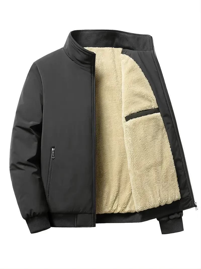Warm Stand Collar Fleece Jacket, Men's Casual Comfortable Solid Color Zip Up Coat / Outwear For Fall Winter