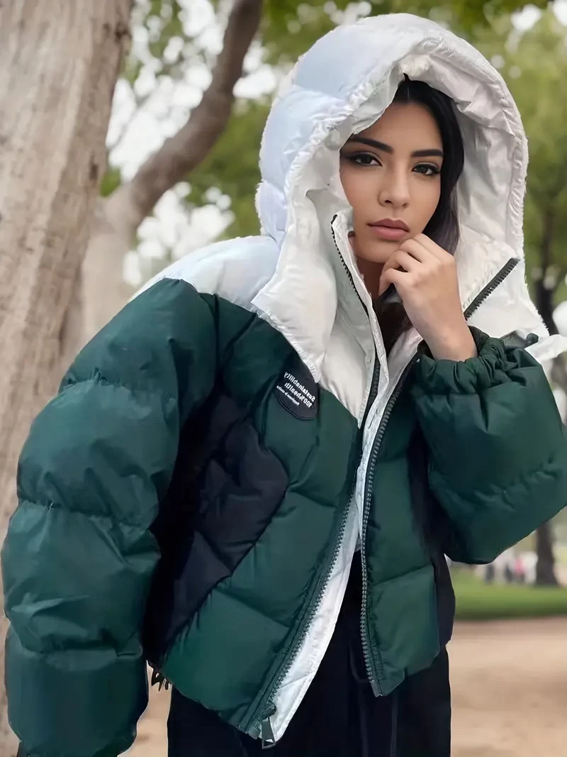 Color Block Zipper Hooded Coat, Versatile Drawstring Long Sleeve Thermal Winter Outwear, Women's Clothing