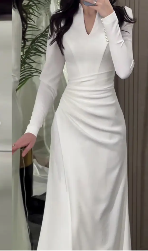 1 elegant V-neck long sleeve solid color polyester women's dress - a waisted party dress for all seasons