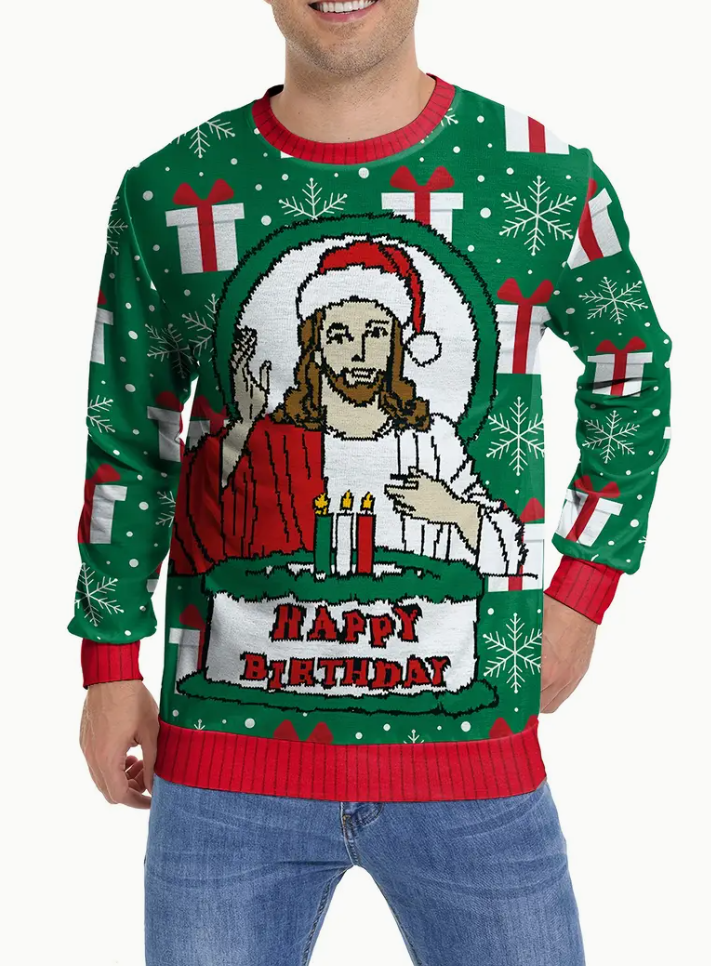 1 Men's Ugly Christmas sweater - polyester crewneck long sleeve casual knit with snowflake and gift pattern, suitable for all seasons, regular version, slightly elastic, woven fabric