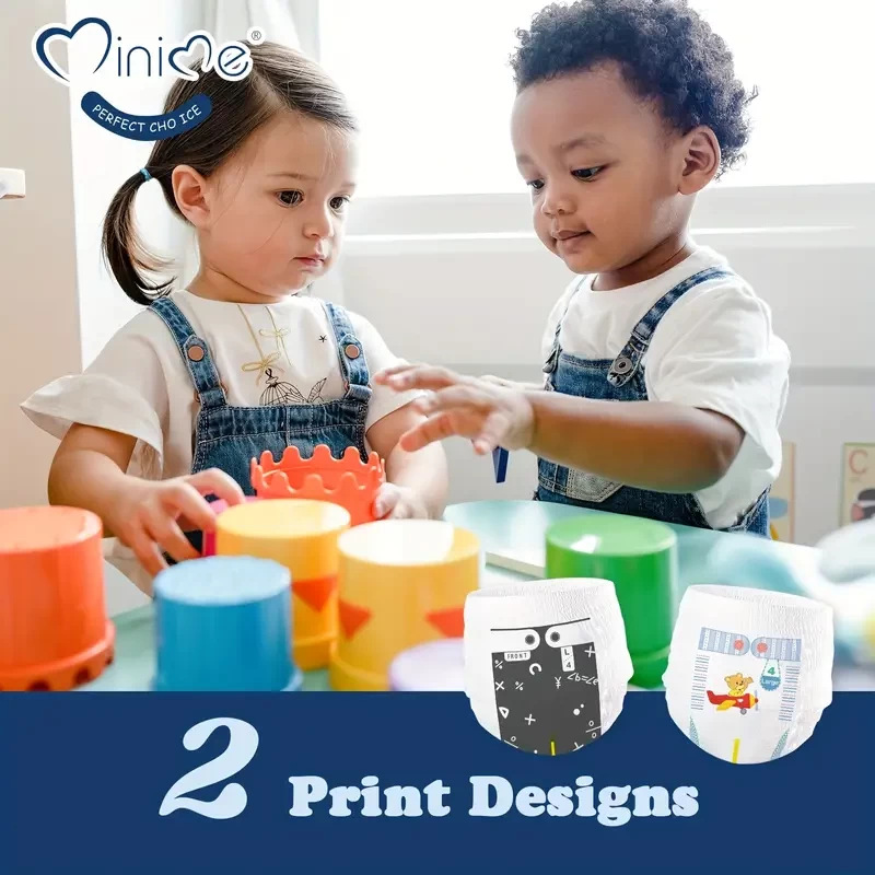 Minime Baby Diaper Training Pants For 6kg+ Full Stretchy Waistband, 3D Super Absorbent Core, Two Cute Backsheet Designs Available, Triple Leakage Protection