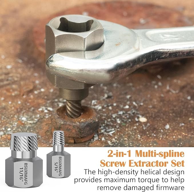 BSUXMAFG 36Pcs Bolt Extractor Set and Spiral Screw Extractors, 2-in-1 Multi-Spline Screw Extractors, Stripped Screw Remover for Damaged, Frozen, Studs, Rusted, Rounded-Off Bolts, Nuts & Screws