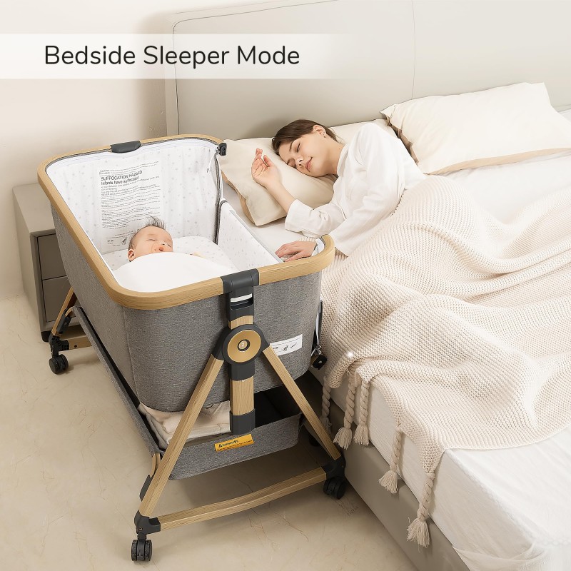 Maydolly Baby Bassinet & Bedside Sleeper, 3 in 1 Rocking Bassinet with Mattress & Sheet, Adjustable Height, Removable Breathable Cover, Easy Folding Infant Bassinet (Gray)