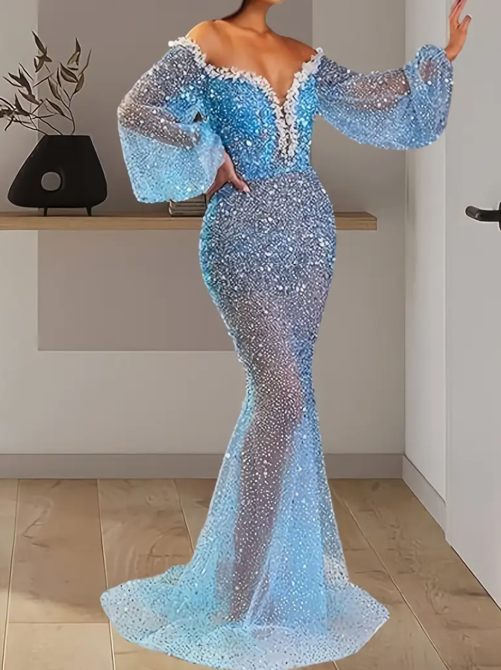 Formal style] Women's Elegant off-the-shoulder V-neck sequined romper dress - Elegant long sleeve, puffed sleeve romper dress for parties and banquets