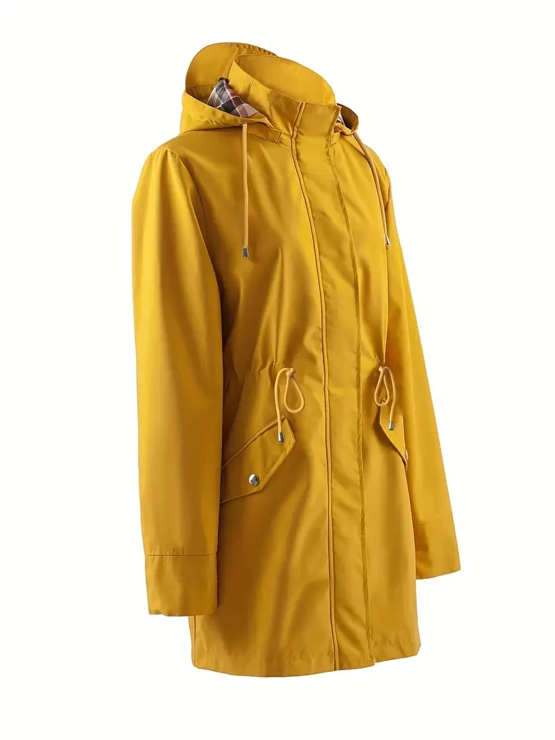 Drawstring Waist Hooded Zip Up Coat, Casual Long Sleeve Coat For Fall & Winter, Women's Clothing