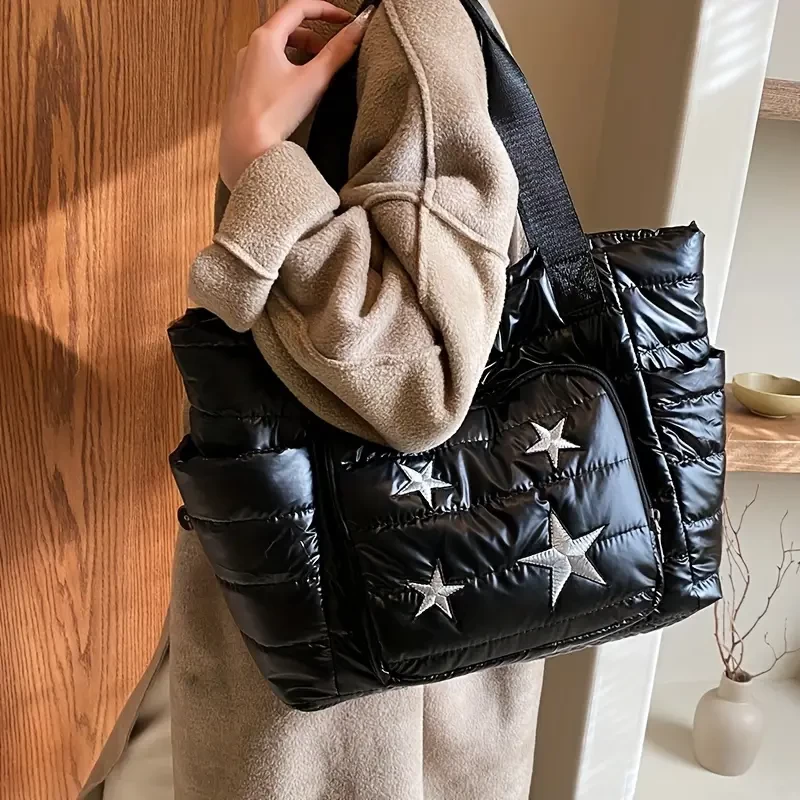Star Embroidery Padded Tote Bag, Puffer Quilted Crossbody Bag, Lightweight Autumn Winter Shoulder Bag