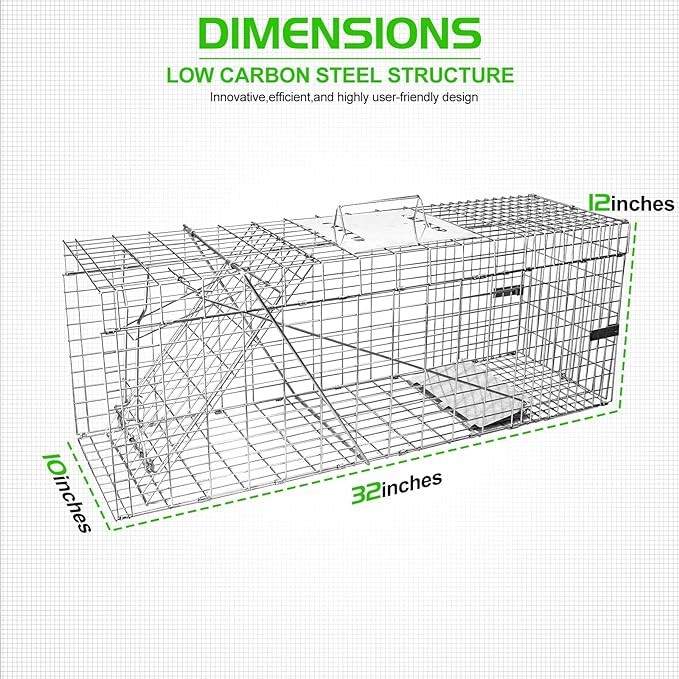 SZHLUX 32" Live Animal Cage Trap, Heavy Duty Folding Raccoon Traps, Humane Cat Trap for Stray Cats, Raccoons, Squirrel, Skunk, Mole, Groundhog, Armadillo, Rabbit, Catch and Release(SZ-HXL8130-NEW).