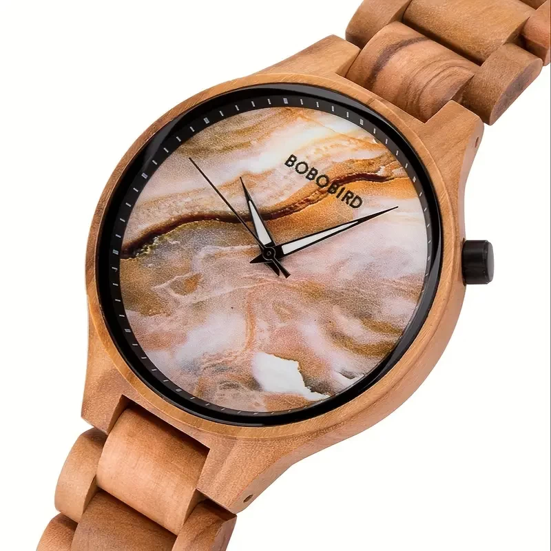 Mens Wooden Marbling Dial Wristwatches With Adjustable Wood Band, Fashion Casual Watch With Luminous Hands For Father's Day