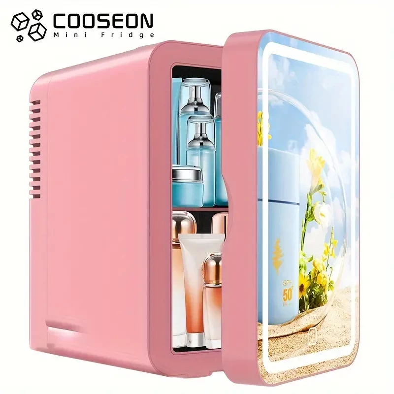 Portable LED Mini Refrigerator For Skin Care Products, Masks, And Cosmetics - Hot And Cold Storage, 1.59gal Capacity, Mirror Beauty Makeup Design