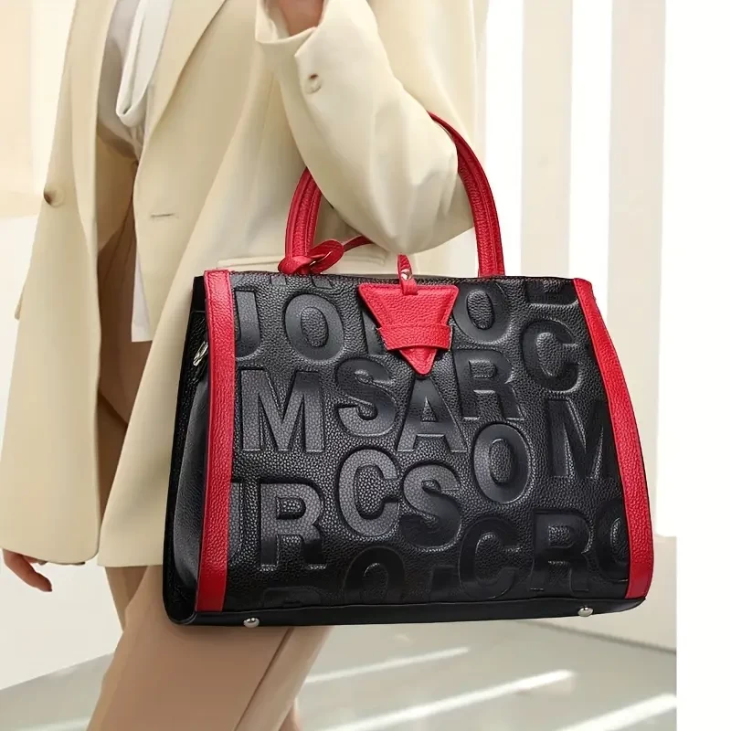 Luxury Genuine Leather Tote Bag, Women's Letter Embossed Handbag, Large Capacity Satchel Purse