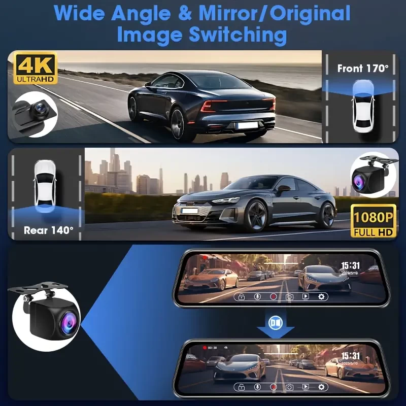 Upgrade Your Driving Experience With 4K 10"Mirror Dash Cam 1080P Rearview Mirror Camera For Car, G-Sensor Waterproof Backup Camera Parking Assistance