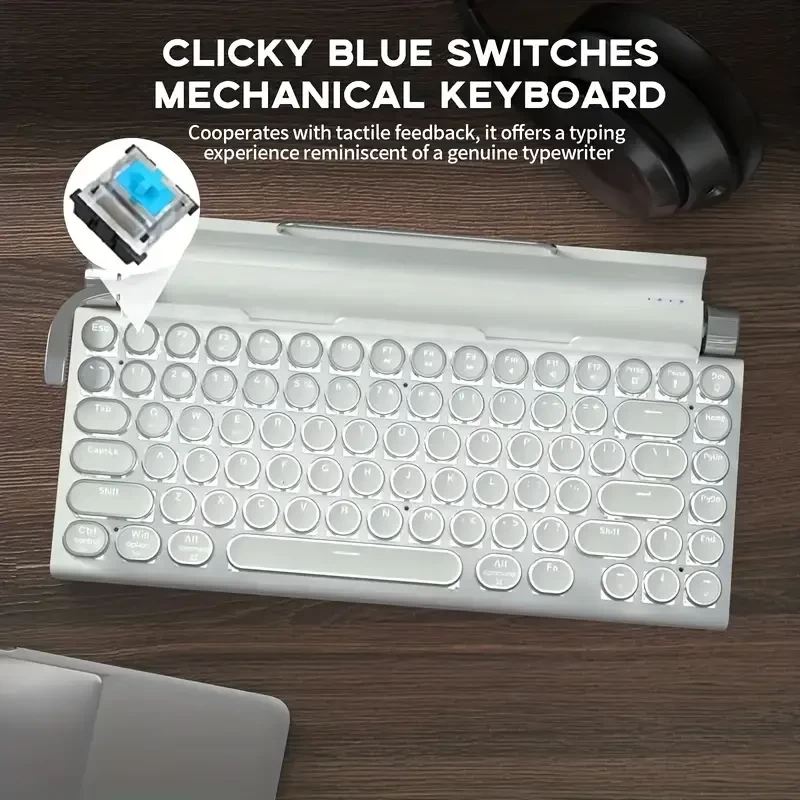 80% Retro Typewriter Keyboard, PBT Keycaps, Wireless5.0 & Wired Connection, LED Blacklight Modes, White