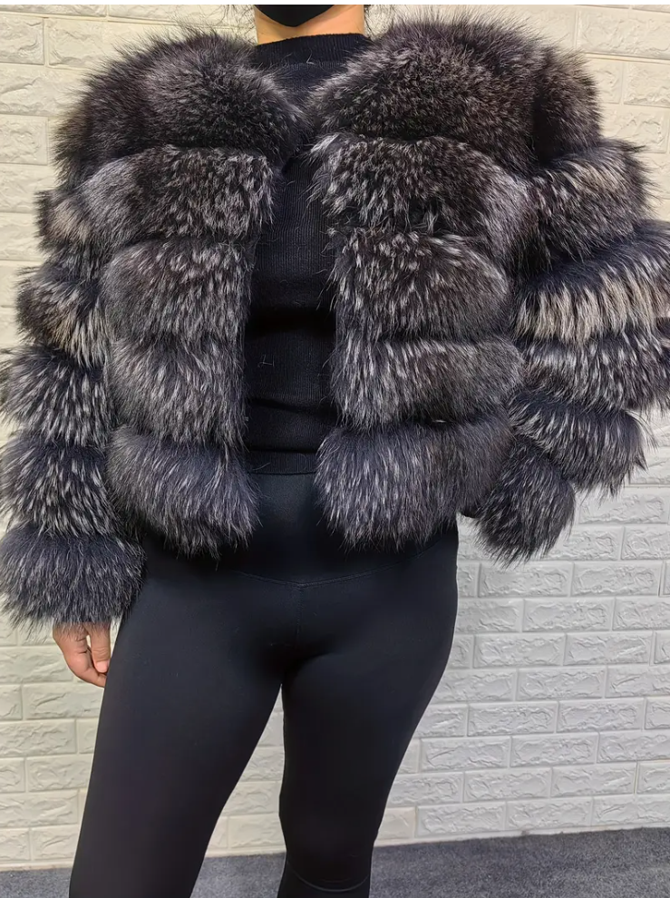 An elegant women's faux fur coat - winter warm, solid color, long sleeves, round neck, casual opening front design, knitted fabric, polyester lining, faux leather details, not waterproof - stylish lux