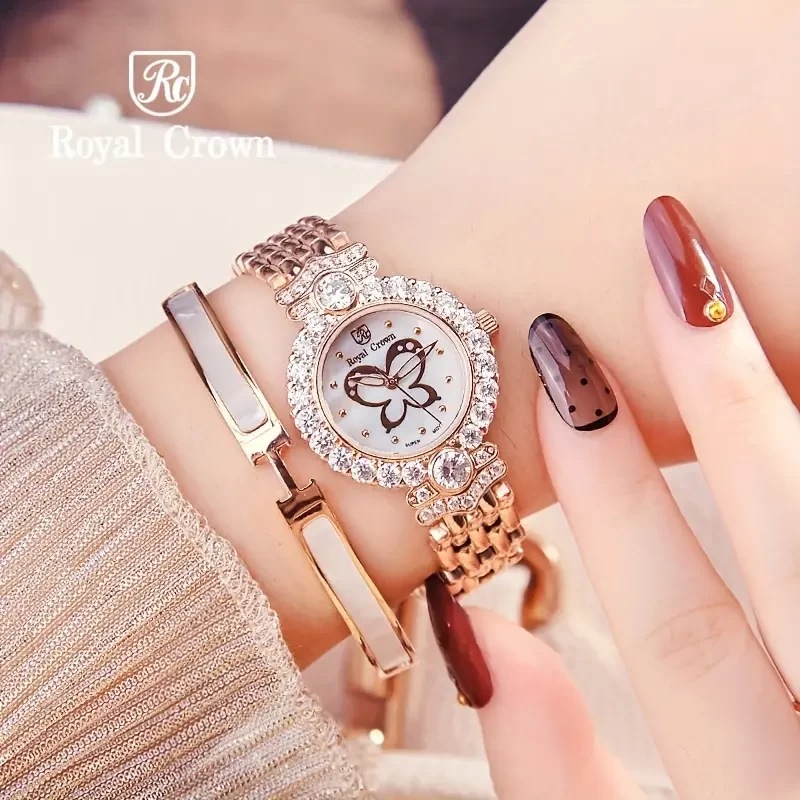 ROYALCROWN Fashion Butterfly Series Steel Band Waterproof Rhinestone Quartz Wrist Watch, Ideal Choice For Gifts