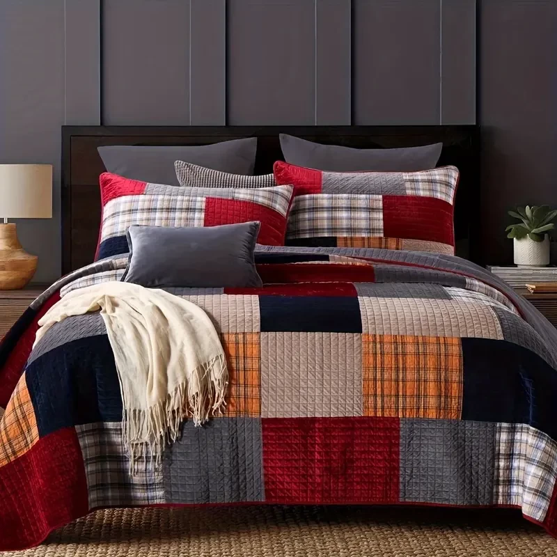 3pcs Luxury 100% Cotton Quilt Set, Plaid Striped Print Stitching Quilted Bedding Set, Soft Comfortable All Season Quilt, For Bedroom, Guest Room (1*Quilt + 2*Pillowcases, Without Core)