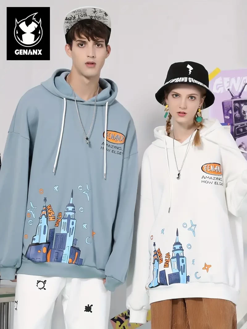 GENANX Men's Fashion Castle Print Hoodie, Casual Slightly Stretch Breathable Hooded Sweatshirt For Outdoor
