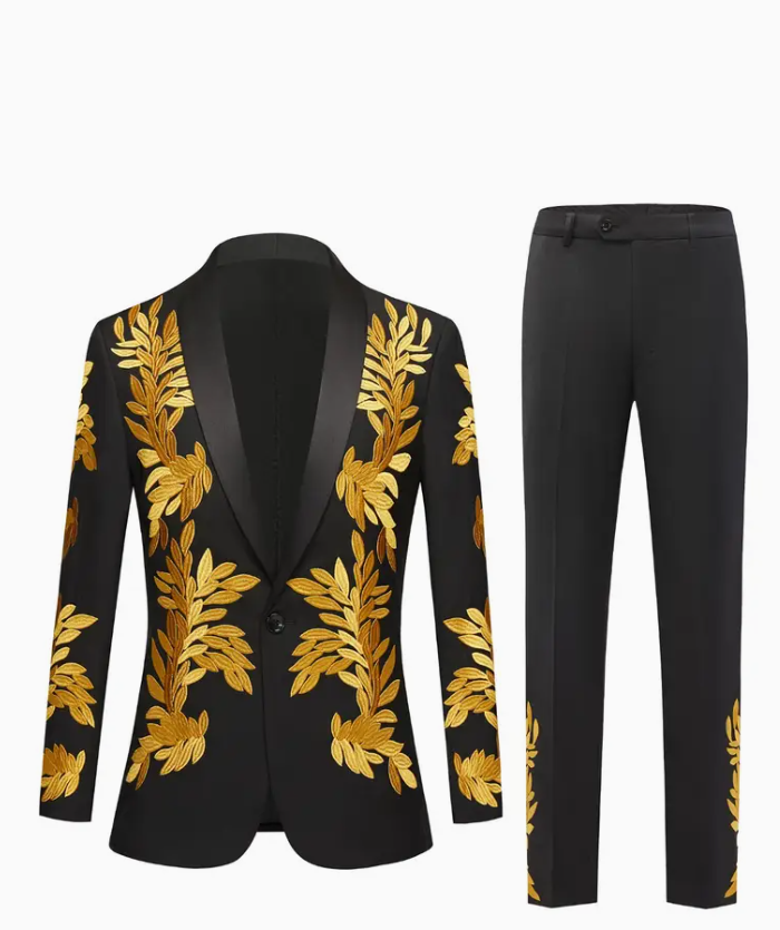 Stylish men's slim-fit embroidered tuxedo Embroidered trousers jacket Black sports 2-piece set
