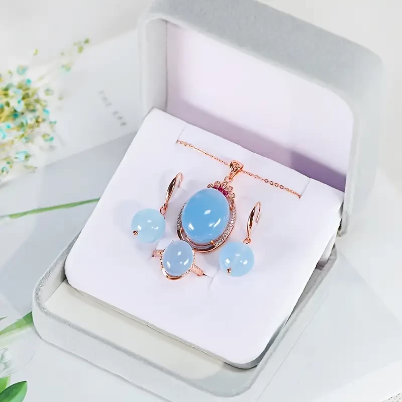 3pcs Stylish Elegant Blue Natural Aquamarine Jewelry Set, Fashion Pendant Necklace Earrings Ring Set For Men