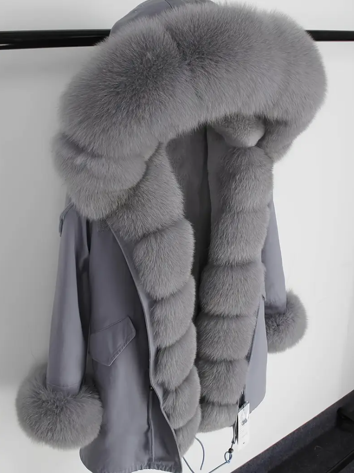 Elegant women's mid-length padded warm Winter coat - zipper detail, long sleeves and tailored fit