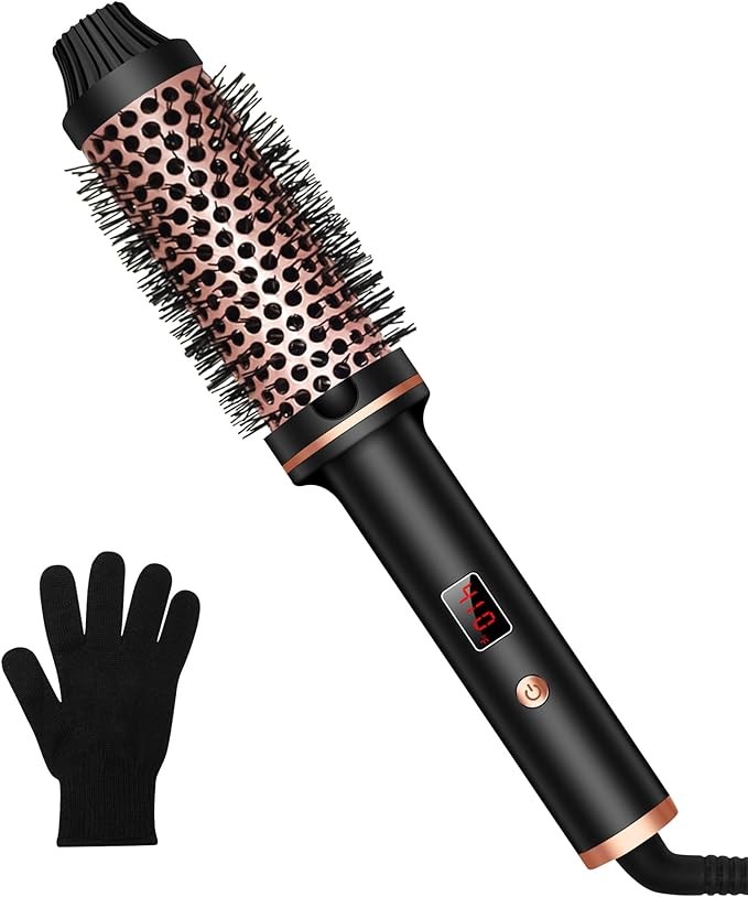 1.5 Inch Thermal Brush Curling Iron Brush, Volumizing Brush Heated Round Brush Ceramic Tourmaline Ionic Curling Comb Dual Voltage Travel Curling Iron with Brush, LCD Display, 10 Temperature Settings