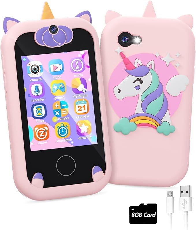 Kids' smartphone, gift for girls Unicorn 8-10 years old mobile touch screen learning toy Christmas Birthday Gift for 3 4 5 6 7 8 9 year old girls with 8G SD card