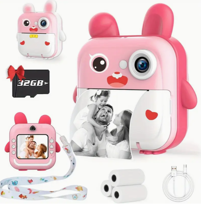 Kids Camera Instant Print, 1080P digital camera with 32G SD card, Instant print camera with 3 rolls of printer paper, Christmas birthday gift for girls and boys aged 3-12