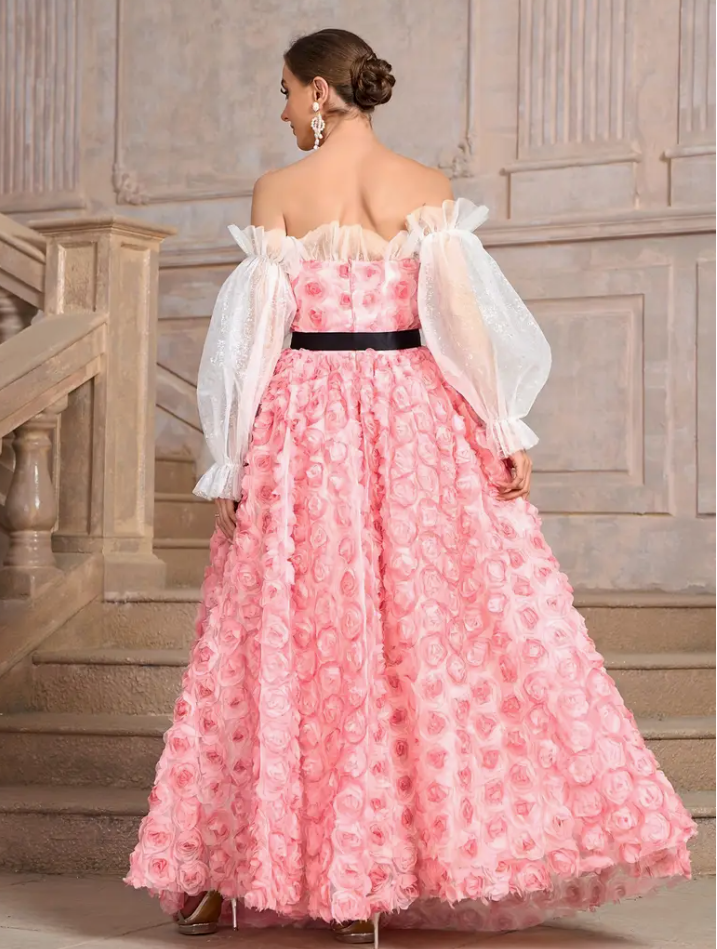 Elegant pink floral off-the-shoulder dress with bell sleeves and mesh details - perfect for weddings and formal events, machine washable