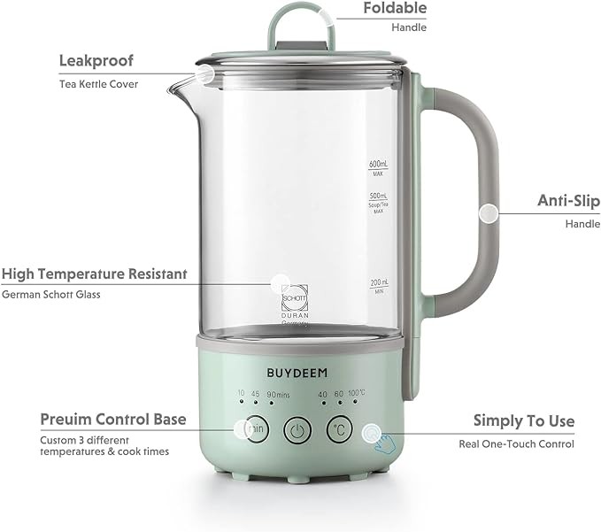 BUYDEEM K313 Travel Electric Kettle, Mini Healthy-Care Beverage Kettle, Tea Maker with German Schott Glass & Durable Pro 18/10 Pro Stainless Steel, 0.6L, Cozy Greenish